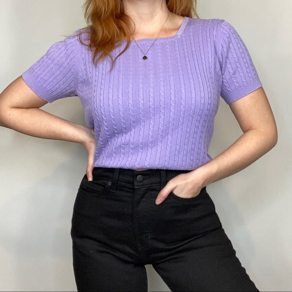 Vintage Medium Pastel Lilac Purple Square Neck Cable Knit Sweater Tee Shirt